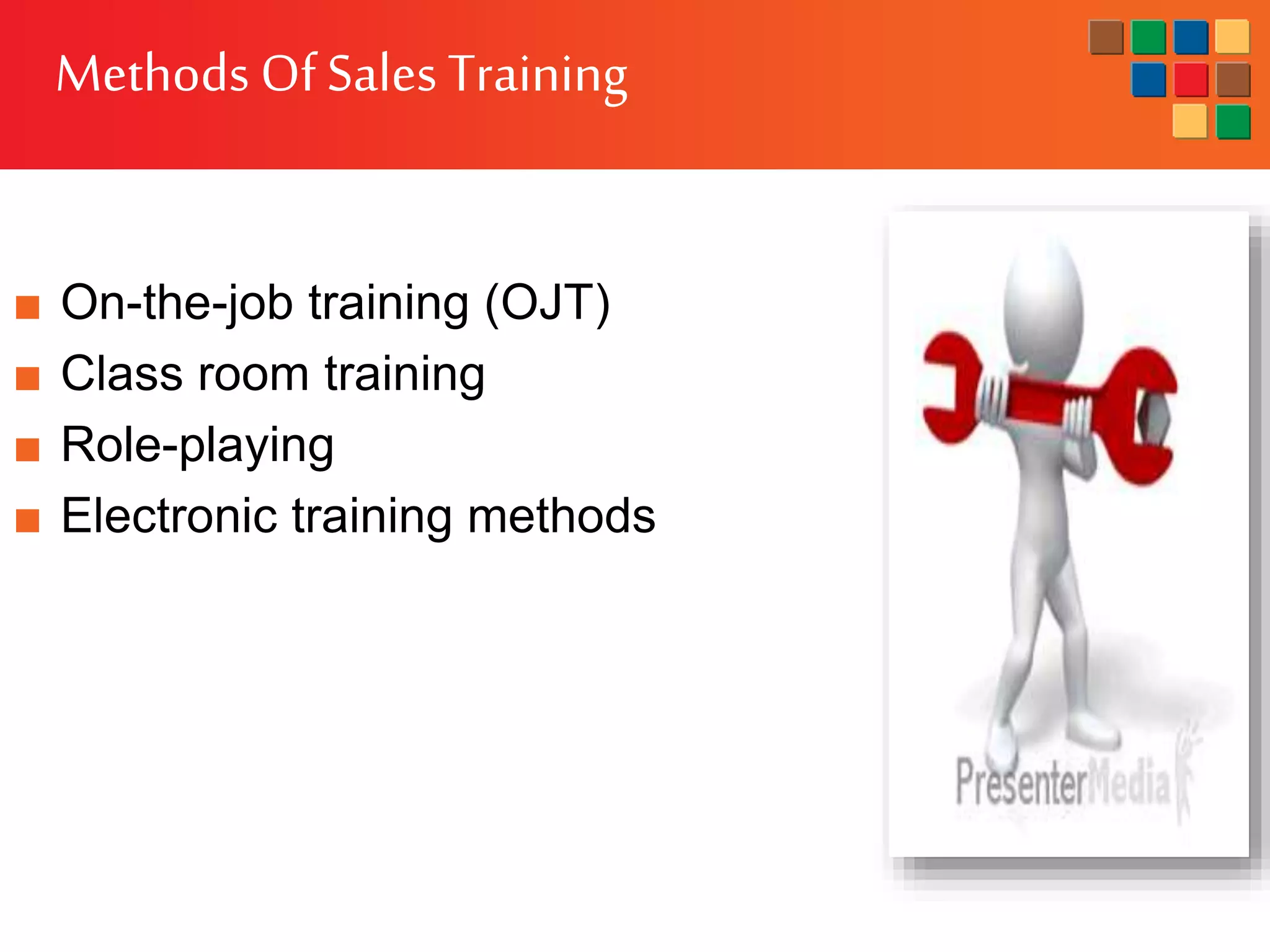 Methods OfSales Training
■ On-the-job training (OJT)
■ Class room training
■ Role-playing
■ Electronic training methods
 