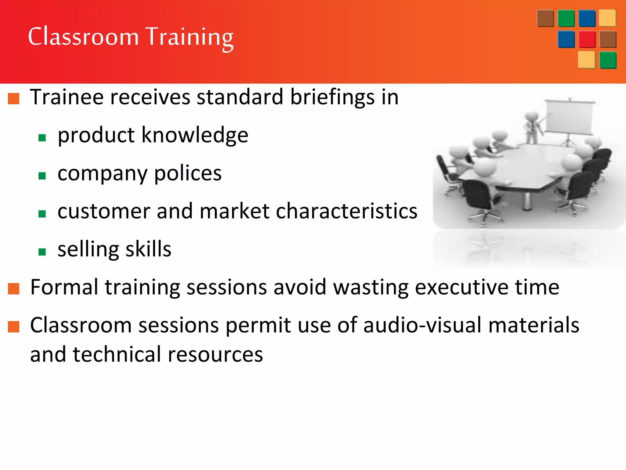 Classroom Training
■ Trainee receives standard briefings in
 product knowledge
 company polices
 customer and market characteristics
 selling skills
■ Formal training sessions avoid wasting executive time
■ Classroom sessions permit use of audio-visual materials
and technical resources
 