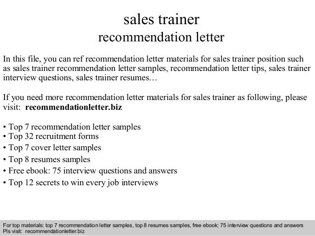 sales trainer recommendation letter letter of recommendation for trainer