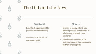 The Old and the New
Traditional
– benefits of supply extend to
products and services only
– seller knows the business
customers' needs
Modern
– benefits of supply extend way
beyond products and services, to
relationship, continuity, and
assistance
– seller knows the needs of the
business customers' customers and
partners and suppliers
 