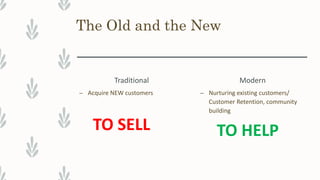 The Old and the New
Traditional
– Acquire NEW customers
TO SELL
Modern
– Nurturing existing customers/
Customer Retention, community
building
TO HELP
 