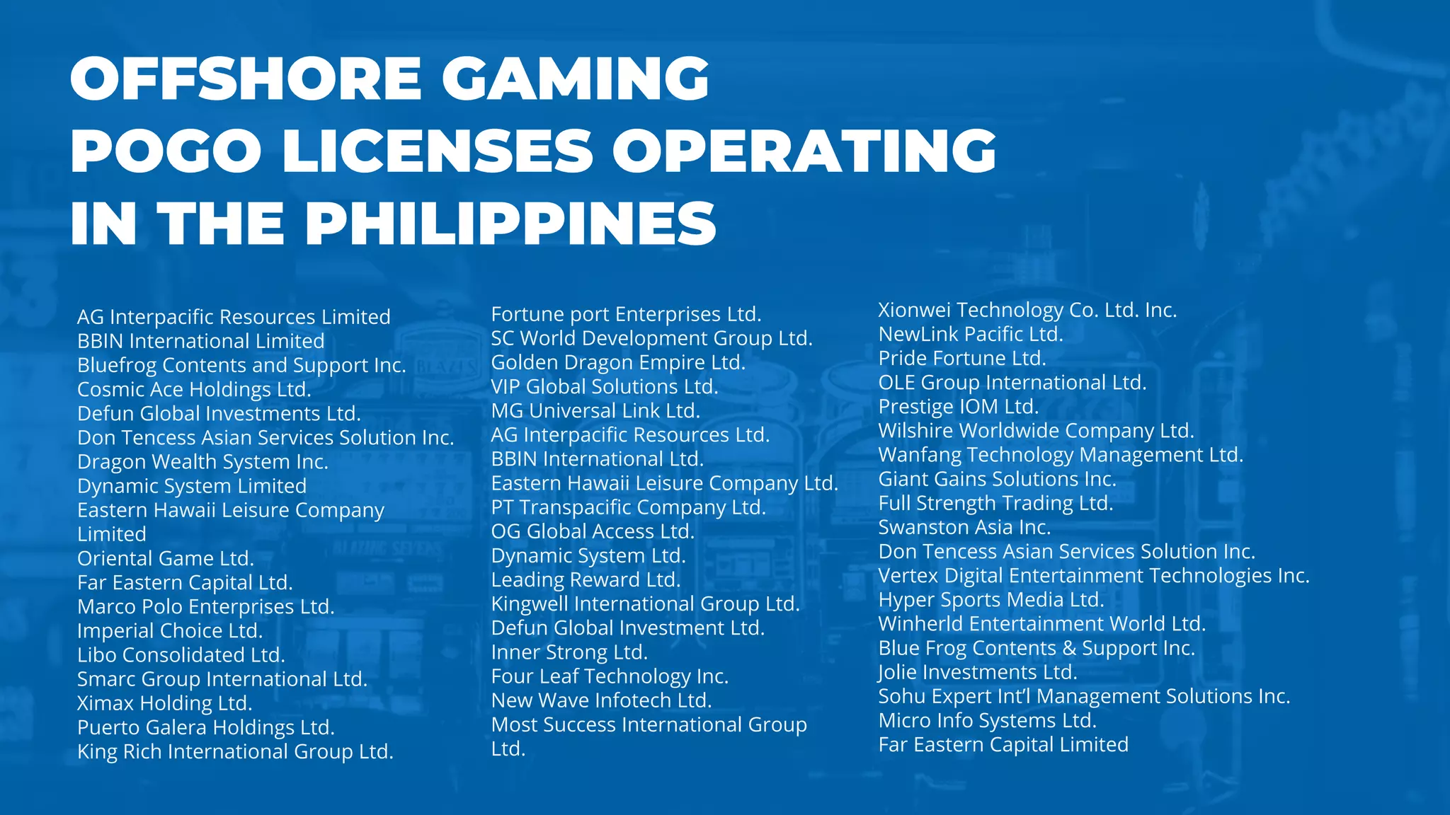 Fortune port Enterprises Ltd.
SC World Development Group Ltd.
Golden Dragon Empire Ltd.
VIP Global Solutions Ltd.
MG Universal Link Ltd.
AG Interpacific Resources Ltd.
BBIN International Ltd.
Eastern Hawaii Leisure Company Ltd.
PT Transpacific Company Ltd.
OG Global Access Ltd.
Dynamic System Ltd.
Leading Reward Ltd.
Kingwell International Group Ltd.
Defun Global Investment Ltd.
Inner Strong Ltd.
Four Leaf Technology Inc.
New Wave Infotech Ltd.
Most Success International Group
Ltd.
Xionwei Technology Co. Ltd. Inc.
NewLink Pacific Ltd.
Pride Fortune Ltd.
OLE Group International Ltd.
Prestige IOM Ltd.
Wilshire Worldwide Company Ltd.
Wanfang Technology Management Ltd.
Giant Gains Solutions Inc.
Full Strength Trading Ltd.
Swanston Asia Inc.
Don Tencess Asian Services Solution Inc.
Vertex Digital Entertainment Technologies Inc.
Hyper Sports Media Ltd.
Winherld Entertainment World Ltd.
Blue Frog Contents & Support Inc.
Jolie Investments Ltd.
Sohu Expert Int’l Management Solutions Inc.
Micro Info Systems Ltd.
Far Eastern Capital Limited
AG Interpacific Resources Limited
BBIN International Limited
Bluefrog Contents and Support Inc.
Cosmic Ace Holdings Ltd.
Defun Global Investments Ltd.
Don Tencess Asian Services Solution Inc.
Dragon Wealth System Inc.
Dynamic System Limited
Eastern Hawaii Leisure Company
Limited
Oriental Game Ltd.
Far Eastern Capital Ltd.
Marco Polo Enterprises Ltd.
Imperial Choice Ltd.
Libo Consolidated Ltd.
Smarc Group International Ltd.
Ximax Holding Ltd.
Puerto Galera Holdings Ltd.
King Rich International Group Ltd.
 