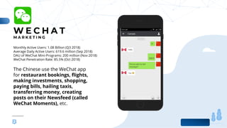 www.b2bcompany.com
Monthly Active Users: 1.08 Billion (Q3 2018)
Average Daily Active Users: 619.6 million (Sep 2018)
DAU of WeChat Mini-Programs: 200 million (Nov 2018)
WeChat Penetration Rate: 85.5% (Oct 2018)
The Chinese use the WeChat app
for restaurant bookings, flights,
making investments, shopping,
paying bills, hailing taxis,
transferring money, creating
posts on their Newsfeed (called
WeChat Moments), etc.
 