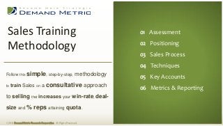 Sales Training                                                            01 Executive Summary
                                                                            01 Assessment
                                                                           02 Situation Analysis
 Methodology                                                                02 Positioning
                                                                           03 Planning
                                                                            03 Sales Process
                                                                           04 Administration
                                                                            04 Techniques
                                                                           05 Measurement
Follow this simple, step-by-step,                            methodology    05 Key Accounts
                                                                           06 Budget
to   train Sales on a consultative approach
                                                                            06 Metrics & Reporting
to selling that increases your win-rate, deal-
size and % reps                      attaining       quota.

© 2013 Demand Metric Research Corporation. All Rights Reserved.
 