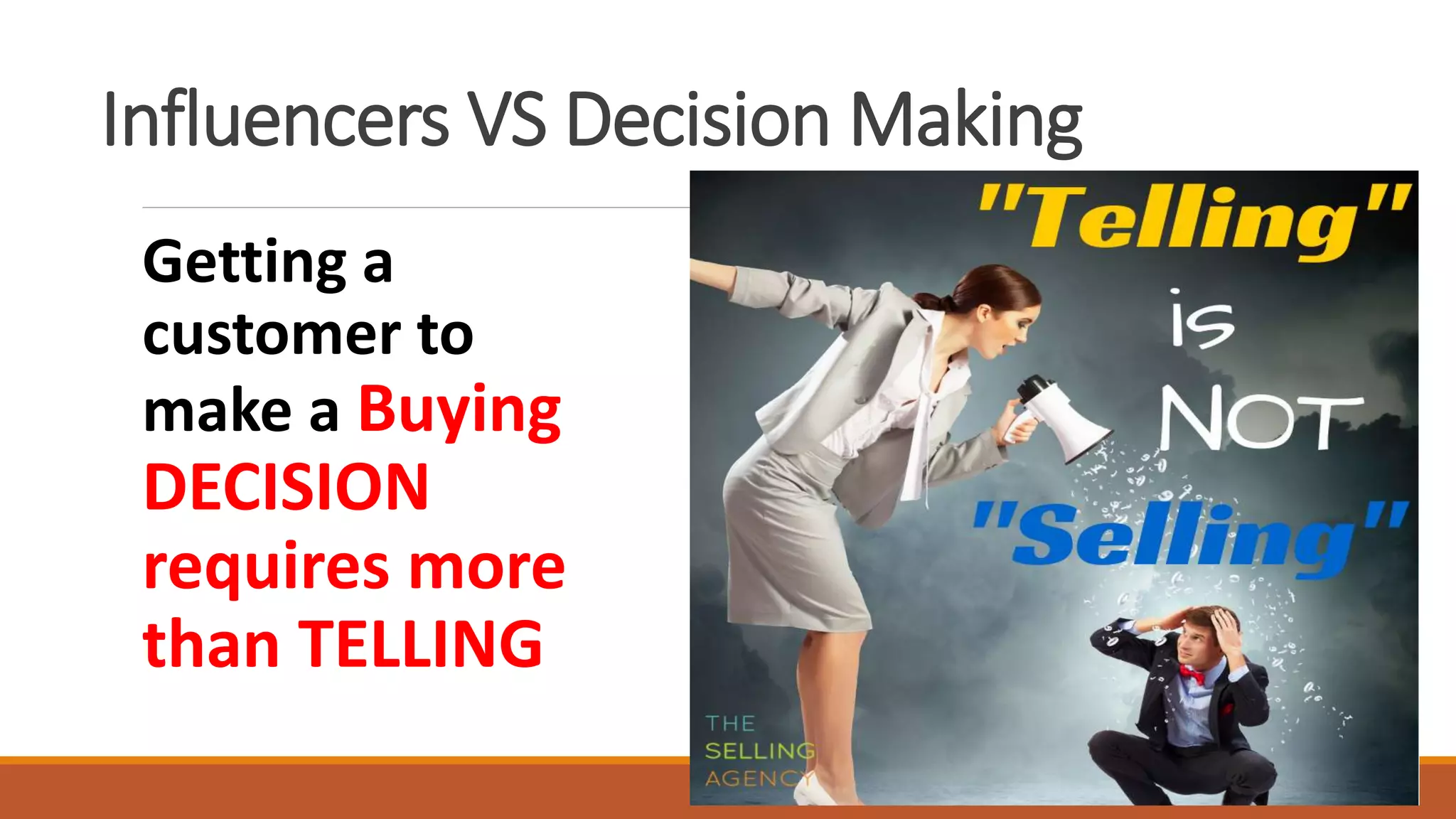 Getting a
customer to
make a Buying
DECISION
requires more
than TELLING
Influencers VS Decision Making
 