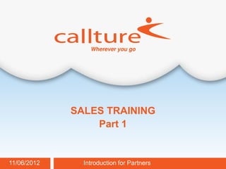 SALES TRAINING
                 Part 1


11/06/2012     Introduction for Partners   Callture Confidential
 