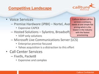 Competitive Landscape

• Voice Services                                        Callture delivers all the
                                                          services a company
  – Premise Hardware (iPBX) – Nortel, Avaya, ShoreTel   needs at one simple flat
     • Expensive CAPEX                                     pricing which is the
                                                         lowest in the industry
  – Hosted Solutions – Sylantro, Broadsoft, Packet8          with the fastest
     • VOIP only solutions                                     provisioning

  – Microsoft Live Communications Server (LCS)
     • Enterprise premise focused
     • Yahoo acquisition is a distraction to this effort
• Call Center Services
  – Five9s, Packet8
     • Expensive and complex


                         Callture Confidential – 4Q10                          40
                                                             Callture Confidential
 