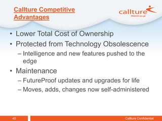 Callture Competitive
 Advantages

• Lower Total Cost of Ownership
• Protected from Technology Obsolescence
     – Intelligence and new features pushed to the
       edge
• Maintenance
     – FutureProof updates and upgrades for life
     – Moves, adds, changes now self-administered



45                                         Callture Confidential
 