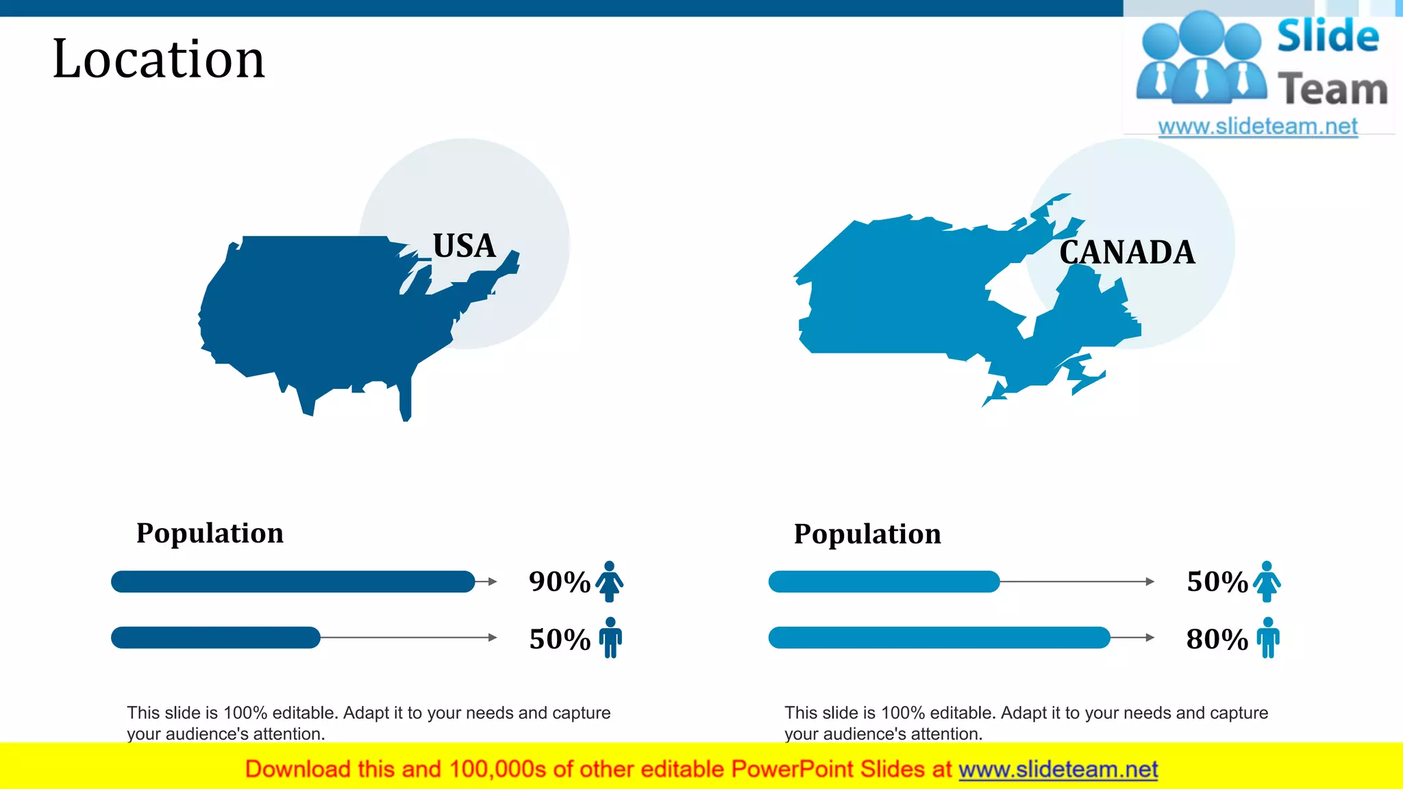 Location
CANADA
This slide is 100% editable. Adapt it to your needs and capture
your audience's attention.
Population
50%
80%
USA
Population
90%
50%
This slide is 100% editable. Adapt it to your needs and capture
your audience's attention.
31
 