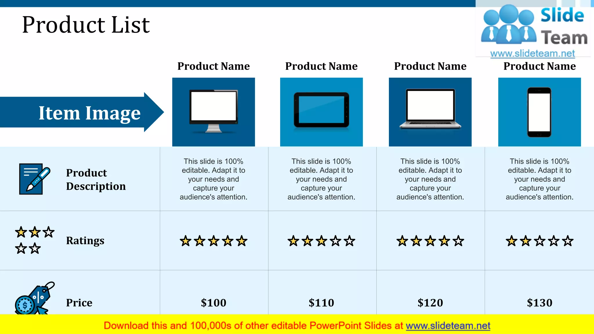 Product List
Product Name Product Name Product Name Product Name
Item Image
$100
This slide is 100%
editable. Adapt it to
your needs and
capture your
audience's attention.
$110
This slide is 100%
editable. Adapt it to
your needs and
capture your
audience's attention.
$120
This slide is 100%
editable. Adapt it to
your needs and
capture your
audience's attention.
$130
This slide is 100%
editable. Adapt it to
your needs and
capture your
audience's attention.
Product
Description
Ratings
Price
7
 
