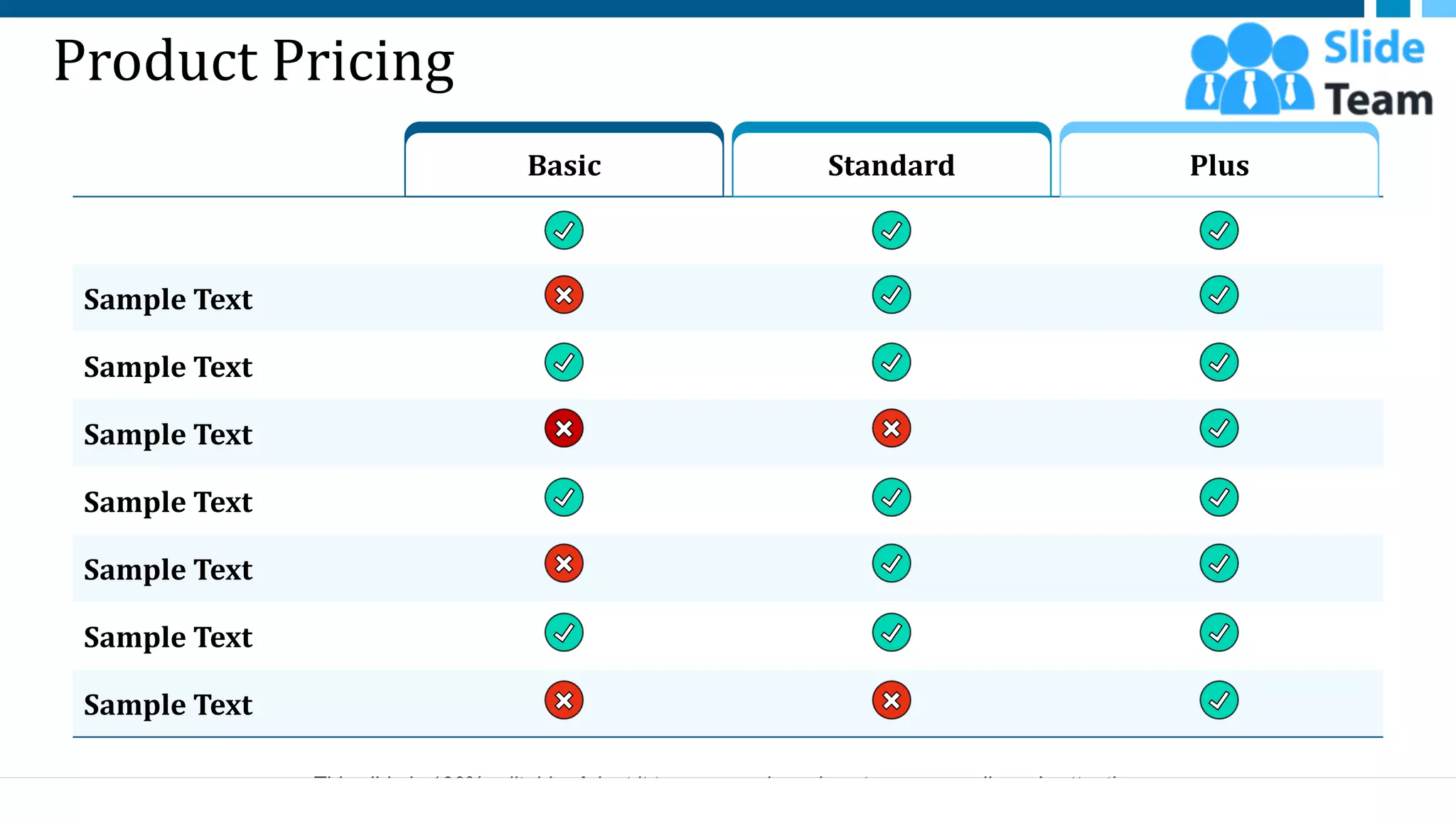 Product Pricing
Sample Text
Sample Text
Sample Text
Sample Text
Sample Text
Sample Text
Sample Text
Basic Standard Plus
This slide is 100% editable. Adapt it to your needs and capture your audience's attention.
11
 