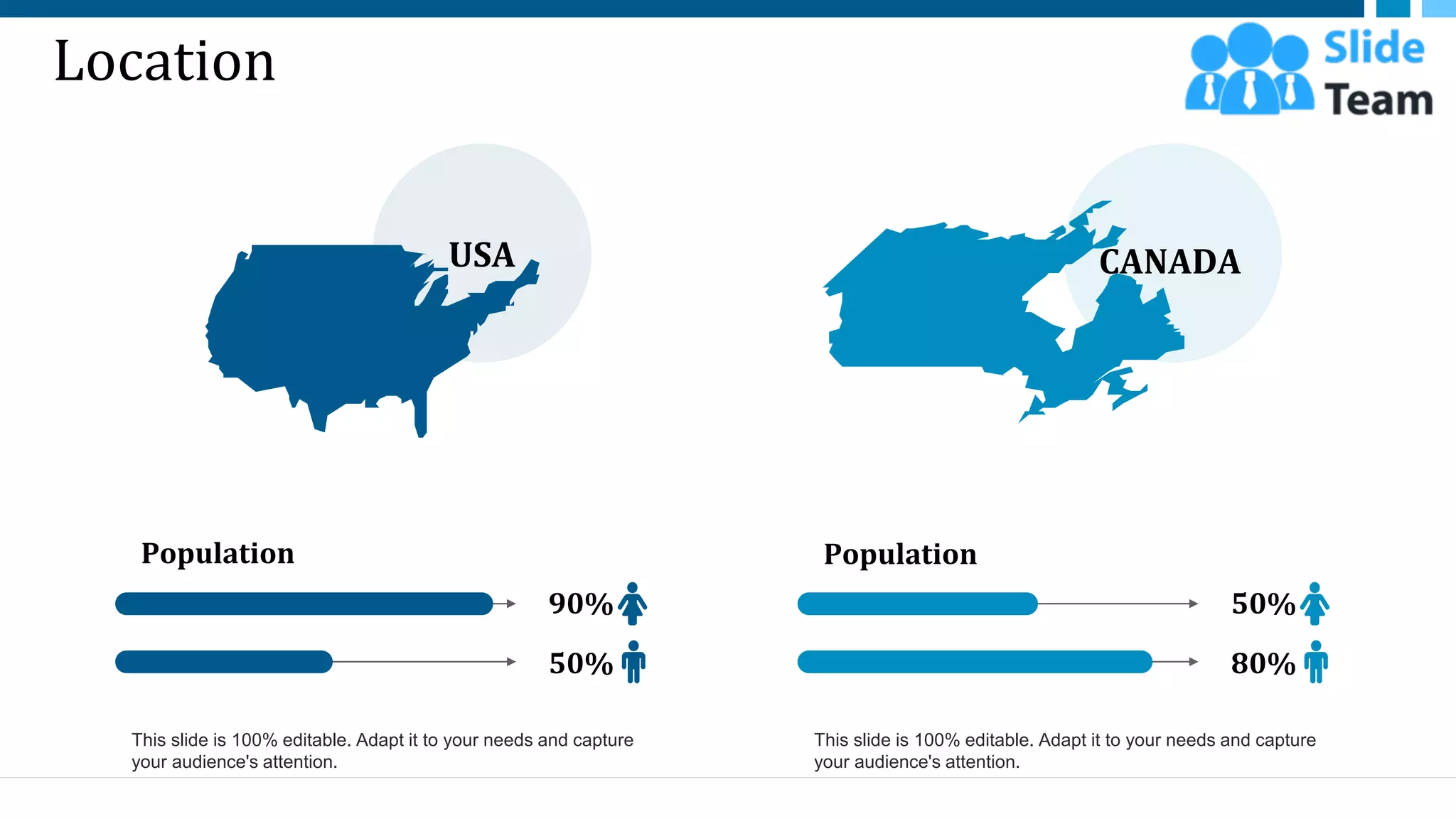 Location
CANADA
This slide is 100% editable. Adapt it to your needs and capture
your audience's attention.
Population
50%
80%
USA
Population
90%
50%
This slide is 100% editable. Adapt it to your needs and capture
your audience's attention.
31
 