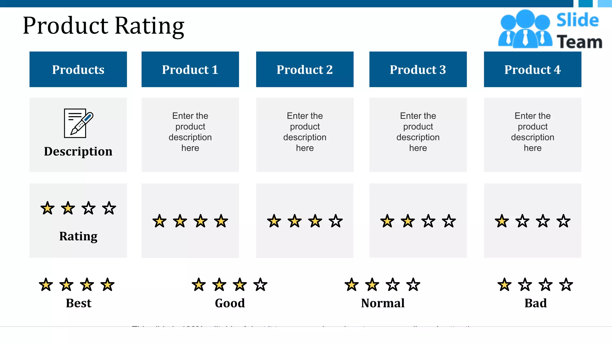 Product Rating
Best Good Normal Bad
This slide is 100% editable. Adapt it to your needs and capture your audience's attention.
Product 1
Enter the
product
description
here
Product 2
Enter the
product
description
here
Product 3
Enter the
product
description
here
Product 4
Enter the
product
description
here
Products
Description
Rating
8
 