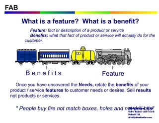 Mohammad Afzal
Sales Trainerand Coach
Dubai-UAE
afzal@almukadar.com
FAB
What is a feature? What is a benefit?
Feature: fact or description of a product or service
Benefits: what that fact of product or service will actually do for the
customer
FeatureB e n e f i t s
Once you have uncovered the Needs, relate the benefits of your
product / service features to customer needs or desires. Sell results
not products or services.
" People buy fire not match boxes, holes and not drill bits"
 