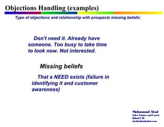 Mohammad Afzal
Sales Trainerand Coach
Dubai-UAE
afzal@almukadar.com
Objections Handling (examples)
Type of objections and relationship with prospects missing beliefs:
Missing beliefs
Don't need it. Already have
someone. Too busy to take time
to look now. Not interested.
That a NEED exists (failure in
identifying it and customer
awareness)
 
