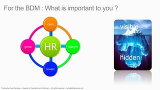 For the BDM : What is important to you ?

               cash
                                           visible

       grow
              HR       margin


                                           hidden
              Invest
 