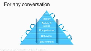 For any conversation
                   Vision



                 Identity
                Beliefs &
                 values
               Competences

                Behaviour

               Environment
 