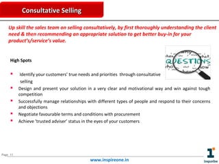 Consultative Selling
Up skill the sales team on selling consultatively, by first thoroughly understanding the client
need & then recommending an appropriate solution to get better buy-in for your
product’s/service’s value.
High Spots







Identify your customers’ true needs and priorities through consultative
selling
Design and present your solution in a very clear and motivational way and win against tough
competition
Successfully manage relationships with different types of people and respond to their concerns
and objections
Negotiate favourable terms and conditions with procurement
Achieve ‘trusted adviser’ status in the eyes of your customers

Page 11

www.inspireone.in

 