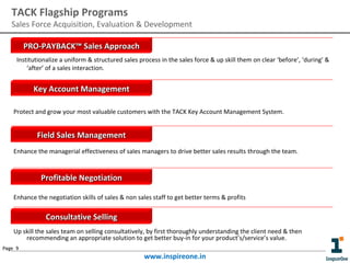 TACK Flagship Programs

Sales Force Acquisition, Evaluation & Development
PRO-PAYBACK™ Sales Approach
Institutionalize a uniform & structured sales process in the sales force & up skill them on clear ‘before’, ‘during’ &
‘after’ of a sales interaction.

Key Account Management
Protect and grow your most valuable customers with the TACK Key Account Management System.

Field Sales Management
Enhance the managerial effectiveness of sales managers to drive better sales results through the team.

Profitable Negotiation
Enhance the negotiation skills of sales & non sales staff to get better terms & profits

Consultative Selling
Up skill the sales team on selling consultatively, by first thoroughly understanding the client need & then
recommending an appropriate solution to get better buy-in for your product’s/service’s value.
Page 9

www.inspireone.in

 