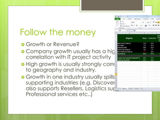 Follow the money 
 Growth or Revenue? 
 Company growth usually has a high 
correlation with IT project activity 
 High ...