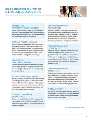 roleS And requireMenTS oF
SpeCiAlized SAleS poSiTionS



    indireCT SAleS                                            TerriTory relATionShip
    (viA diSTribuTorS or reSellerS)                           produCT SAleS
    Acquires skills at training customers (on sales and       Calls for a disciplined and systematic approach
    programs), making joint sales calls, sales motivation-    to goal achievement and a focused response to
    al and presentation techniques, product knowledge,        customer needs in a service capacity, as well as
    and the ability to maintain repeat sales                  effective communication skills and the ability
                                                              to work a sales plan in account penetration;
                                                              removes objections and gives permission to buy
    STrATeGiC ACCounT MAnAGer
    Strategic relationships are built with major custom-
    ers through initiative, a willingness to work long        TerriTory ConSulTATive
    hours, proactive assistance and support, a willing-       SySTeM SAleS
    ness to further develop technical competence, and         demands the skill to develop business through
    an emphasis on sharing information that is perti-         effective lead generation, qualification of
    nent and will have lasting educational impact             profitable prospects, and tailored presentations;
                                                              willing to work long hours to meet objectives,
                                                              sets ambitious goals and achieves them through
    neW buSineSS                                              effective selling, and understands sales strate-
    developMenT (hunTer)                                      gies and tactics
    demands individuals who can develop leads, find
    opportunities, penetrate prospects and customers,
    and be willing to put in long hours as well as prob-      TerriTory relATionShip
    lem solve and close                                       SySTeM SAleS
                                                              Adapts image to accommodate customers, gives
                                                              personal attention, and takes hands-on respon-
    ACCounT MAnAGeMenT (FArMer)                               sibility for assuring continued customer satis-
    requires excellent customer relations skills focused
                                                              faction; knowledgeable of sales strategies and
    on working internal systems on the customer’s be-
                                                              pushes to set personal records in sales; comfort-
    half, and effectiveness at explaining and clarifying
                                                              able with the recognition of a high-profile role
    issues to the customer; this is driven by the desire to
    increase business and the ability to work long hours
    when necessary to accomplish that                         SySTeM SpeCiAliST
                                                              Focuses on assuming the leadership to learn cus-
                                                              tomer needs and goals, stays continuously aware
    TerriTory ConSulTATive                                    of the market and spends the long hours it takes
    produCT SAleS                                             to influence and train others
     Focuses on establishing a credible image, develop-
    ing new business through effective qualifying and
    presentation skills driven by the motivation to be an
    effective consultant
                                                                                         See additional on next page




                                                                                                                       9
 
