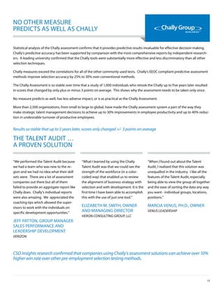 no oTher MeASure
prediCTS AS Well AS ChAlly

Statistical analysis of the Chally assessment confirms that it provides predictive results invaluable for effective decision making.
Chally’s predictive accuracy has been supported by comparison with the most comprehensive reports by independent research-
ers. A leading university confirmed that the Chally tools were substantially more effective and less discriminatory than all other
selection techniques.

Chally measures exceed the correlations for all of the other commonly used tests. Chally’s eeoC compliant predictive assessment
methods improve selection accuracy by 25% to 30% over conventional methods.

The Chally Assessment is so stable over time that a study of 1,000 individuals who retook the Chally up to five years later resulted
in scores that changed by only plus or minus 3 points on average. This shows why the assessment needs to be taken only once.

no measure predicts as well, has less adverse impact, or is as practical as the Chally Assessment.

More than 2,500 organizations, from small to large to global, have made the Chally assessment system a part of the way they
make strategic talent management decisions to achieve up to 30% improvements in employee productivity and up to 40% reduc-
tion in undesirable turnover of productive employees.


Results so stable that up to 5 years later, scores only changed +/- 3 points on average

The TAlenT AudiT …
A proven SoluTion

“We performed the Talent Audit because        “What i learned by using the Chally          “When i found out about the Talent
we had a team who was new to the re-          Talent Audit was that we could see the       Audit, i realized that this solution was
gion and we had no idea what their skill      strength of the workforce (in a color-       unequalled in the industry. i like all the
sets were. There are a lot of assessment      coded way) that enabled us to review         features of the Talent Audit, especially
companies out there but all of them           the alignment of business strategy with      being able to view the group all together
failed to provide an aggregate report like    selection and with development. it is the    and the ease of sorting the data any way
Chally does. Chally’s individual reports      first time i have been able to accomplish    you want - individual groups, locations,
were also amazing. We appreciated the         this with the use of just one tool.”         positions.”
coaching tips which allowed the super-
visors to work with the individuals on
                                              elizAbeTh M. SMiTh, oWner                    MArCiA venuS, ph.d., oWner
specific development opportunities.”          And MAnAGinG direCTor                        Venus leadeRsHip
                                              HeRon Consulting gRoup, llC
jeFF pATTon, Group MAnAGer
SAleS perForMAnCe And
leAderShip developMenT
VeRizon



Cso insights research confirmed that companies using Chally’s assessment solutions can achieve over 10%
higher win rate over other pre-employment selection testing methods.



                                                                                                                                   15
 
