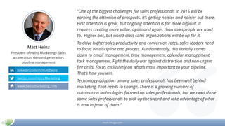 www.mikogo.com
Matt Heinz
President of Heinz Marketing - Sales
acceleration, demand generation,
pipeline management
“One of the biggest challenges for sales professionals in 2015 will be
earning the attention of prospects. It’s getting noisier and noisier out there.
First attention is great, but ongoing attention is far more difficult. It
requires creating more value, again and again, than salespeople are used
to. Higher bar, but world-class sales organizations will be up for it.
To drive higher sales productivity and conversion rates, sales leaders need
to focus on discipline and process. Fundamentally, this literally comes
down to email management, time management, calendar management,
task management. Fight the daily war against distraction and non-urgent
fire drills. Focus exclusively on what’s most important to your pipeline.
That’s how you win.
Technology adoption among sales professionals has been well behind
marketing. That needs to change. There is a growing number of
automation technologies focused on sales professionals, but we need those
same sales professionals to pick up the sword and take advantage of what
is now in front of them.”
linkedin.com/in/mattheinz
twitter.com/HeinzMarketing
www.heinzmarketing.com
 