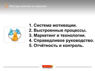 Факторы влияния на персонал




              1. Система мотивации.
              2. Выстроенные процессы.
              3. Маркетинг и технологии.
              4. Справедливое руководство.
              5. Отчётность и контроль.
 