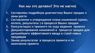 Как мы это делаем? Это не магия)
1. Составляем подробную диагностику Ваших продаж и
зоны роста
2. Составление и утверждение плана изменений (сроки,
оплата, результаты ) в процессе Ваших продаж
3. Консультации и тренинги по ходу ведения проекта
4. Документирование изменений в процессе продаж для
дальнейшего эффективного ввода в строй новых
продавцов
5. Замер результатов в процессе проекта и по
окончанию проекта
 