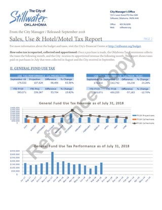 City Managers Office
723 S. Lewis Street/P.O. Box 1449
Stillwater, Oklahoma? 74076-1449
Office: 	 405.742.8290
Web:	stillwater.org
PAGE 2
II. GENERAL FUND USE TAX
From the City Manager / Released: September 2018
Sales, Use & Hotel/Motel Tax Report
For more information about the budget and taxes, visit the Citys Financial Center at http://stillwater.org/budget.
How sales tax is reported, collected and apportioned: Once a purchase is made, the Oklahoma Tax Commission collects
the taxes the following month, and the City receives its apportioned revenue the following month. This report shows taxes
paid on purchases in July that were collected in August and the City received in September.
R
eference
C
opy
 