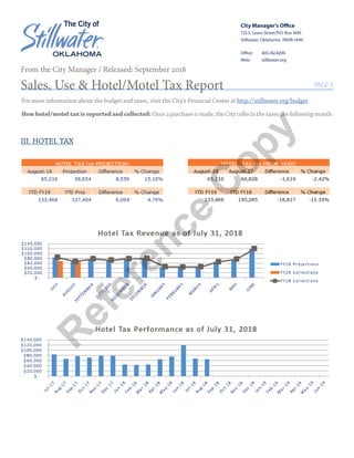 City Managers Office
723 S. Lewis Street/P.O. Box 1449
Stillwater, Oklahoma? 74076-1449
Office: 	 405.742.8290
Web:	stillwater.org
PAGE 3
III. HOTEL TAX
From the City Manager / Released: September 2018
Sales, Use & Hotel/Motel Tax Report
For more information about the budget and taxes, visit the Citys Financial Center at http://stillwater.org/budget.
How hotel/motel tax is reported and collected: Once a purchase is made, the City collects the taxes the following month.
R
eference
C
opy
 