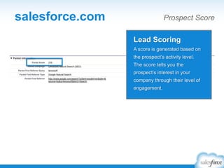 salesforce.com Prospect Score
Lead Scoring
A score is generated based on
the prospect’s activity level.
The score tells you the
prospect’s interest in your
company through their level of
engagement.
 