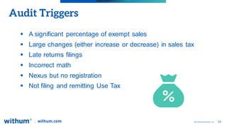 33
2022 WithumSmith+Brown, PC
Audit Triggers
 A significant percentage of exempt sales
 Large changes (either increase o...