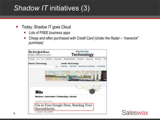 Shadow IT  initiatives (3)  Today: Shadow IT goes Cloud Lots of FREE business apps Cheap and often purchased with Credit Card (Under the Radar – “maverick” purchase) 