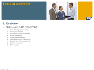 © SAP 2007 / Page 2
1. Overview
2. Sales with SAP CRM 2007
1. Sales planning and forecasting
2. Territory management
3. Account and contact management
4. Activity management
5. Opportunity management
6. Pipeline performance management
7. Quotation and order management
8. Contract management
9. Sales analytics
Table of Contents
 