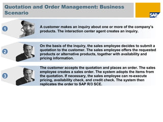 A customer makes an inquiry about one or more of the company’s
products. The interaction center agent creates an inquiry.
On the basis of the inquiry, the sales employee decides to submit a
quotation to the customer. The sales employee offers the requested
products or alternative products, together with availability and
pricing information.
The customer accepts the quotation and places an order. The sales
employee creates a sales order. The system adopts the items from
the quotation. If necessary, the sales employee can re-execute
pricing, availability check, and credit check. The system then
replicates the order to SAP R/3 SCE.
1
2
3
Quotation and Order Management: Business
Scenario
 