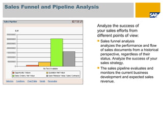 Sales Funnel and Pipeline Analysis
Analyze the success of
your sales efforts from
different points of view:
 Sales funnel analysis
analyzes the performance and flow
of sales documents from a historical
perspective, regardless of their
status. Analyze the success of your
sales strategy.
 The sales pipeline evaluates and
monitors the current business
development and expected sales
revenue.
 