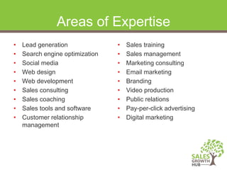 Areas of Expertise
• Lead generation
• Search engine optimization
• Social media
• Web design
• Web development
• Sales co...
