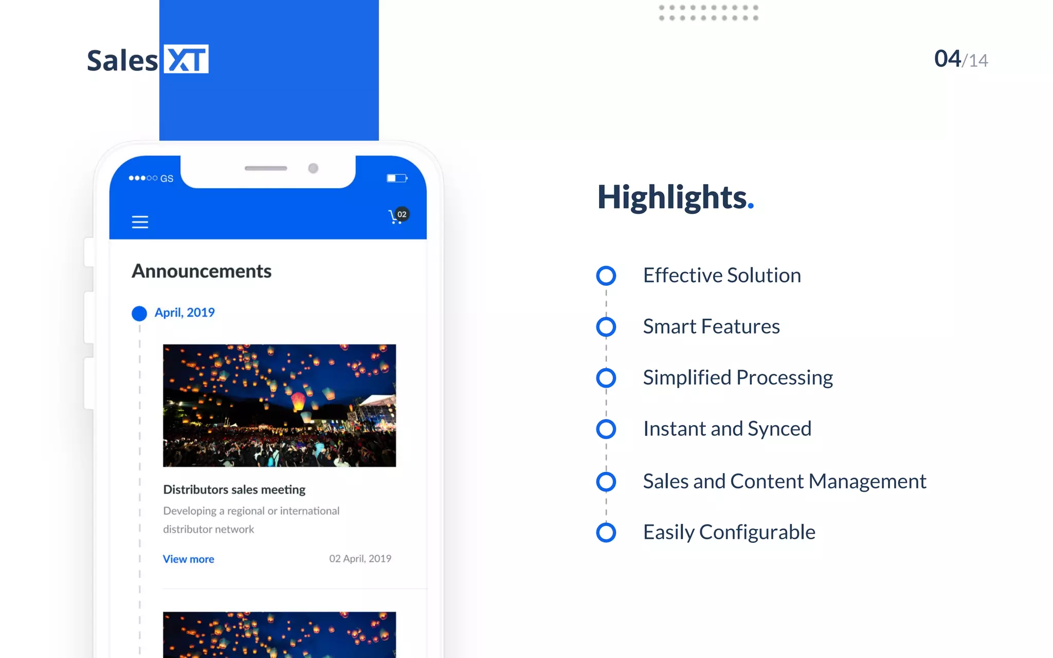 Highlights.
04/14
Effective Solution
Smart Features
Simplified Processing
Instant and Synced
Sales and Content Management
Easily Configurable
 