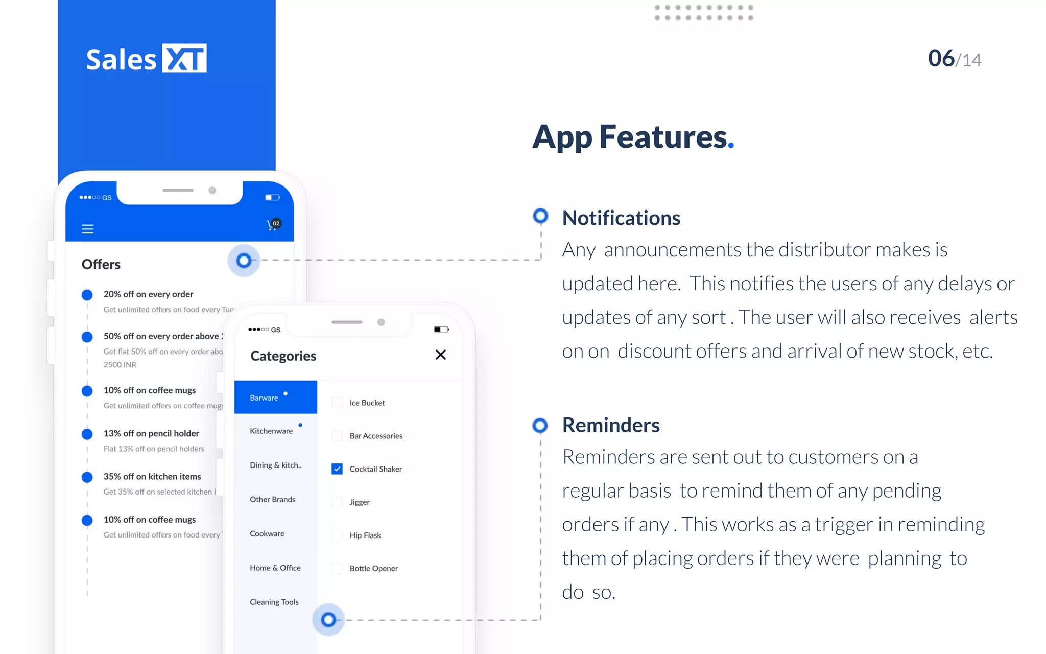 06/14
App Features.
Any announcements the distributor makes is
updated here. This notifies the users of any delays or
updates of any sort . The user will also receives alerts
on on discount offers and arrival of new stock, etc.
Notifications
Reminders are sent out to customers on a
regular basis to remind them of any pending
orders if any . This works as a trigger in reminding
them of placing orders if they were planning to
do so.
Reminders
 