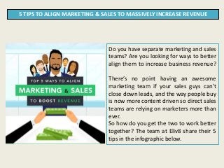 5 TIPS TO ALIGN MARKETING & SALES TO MASSIVELY INCREASE REVENUE
Do you have separate marketing and sales
teams? Are you looking for ways to better
align them to increase business revenue?
There’s no point having an awesome
marketing team if your sales guys can’t
close down leads, and the way people buy
is now more content driven so direct sales
teams are relying on marketers more than
ever.
So how do you get the two to work better
together? The team at Eliv8 share their 5
tips in the infographic below.
 