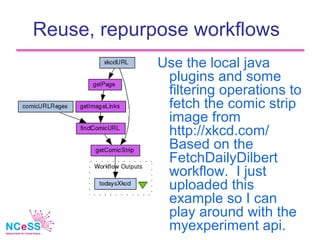 Reuse, repurpose workflows
             Use the local java
              plugins and some
              filtering operatio...