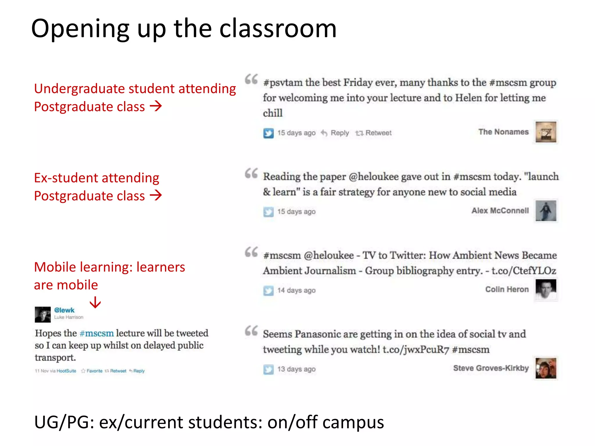 Opening up the classroom
UG/PG: ex/current students: on/off campus
Undergraduate student attending
Postgraduate class 
Ex-student attending
Postgraduate class 
Mobile learning: learners
are mobile

 