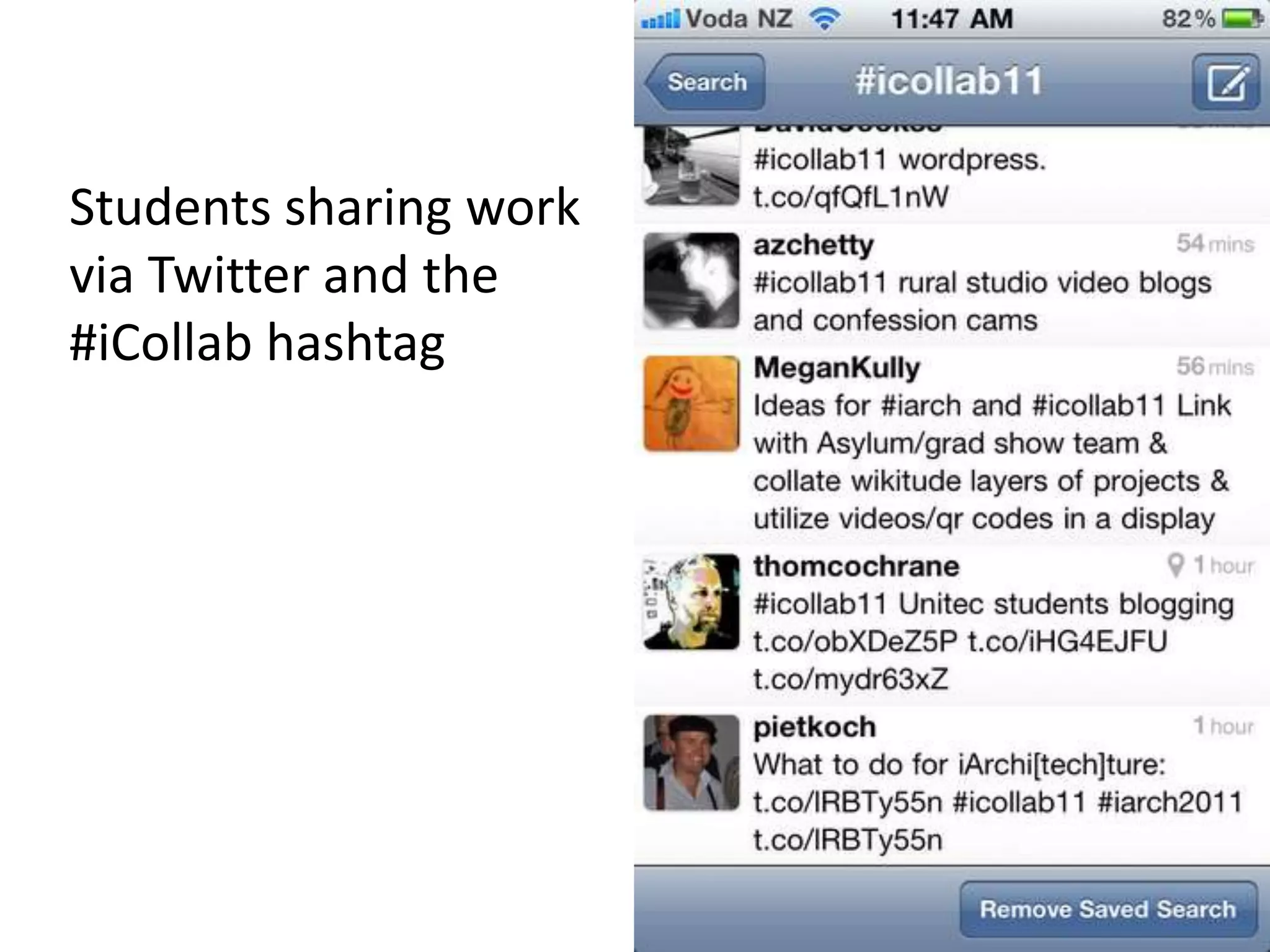 Students sharing work
via Twitter and the
#iCollab hashtag
 