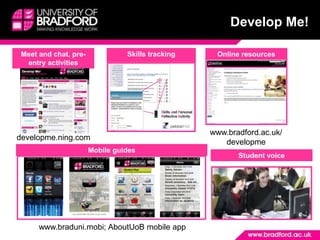 Develop Me!Skills trackingMeet and chat, pre-entry activitiesOnline resourcesdevelopme.ning.comMobile guidesStudent voicewww.bradford.ac.uk/developmewww.braduni.mobi; AboutUoB mobile app