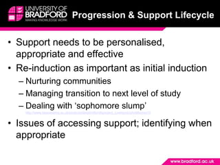 Progression & Support LifecycleSupport needs to be personalised, appropriate and effectiveRe-induction as important as initial inductionNurturing communitiesManaging transition to next level of studyDealing with ‘sophomore slump’ http://www.heacademy.ac.uk/projects/detail/ntfs/ntfsproject_LiverpoolJohnMoores10Issues of accessing support; identifying when appropriate