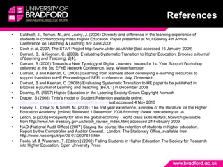 ReferencesCaldwell, J., Toman, N., and Leahy, J. (2006) Diversity and difference in the learning experience of students in contemporary mass Higher Education. Paper presented at NUI Galway 4th Annual Conference on Teaching & Learning 8-9 June 2006Cook et al, 2007; The STAR Project http://www.ulster.ac.uk/star [last accessed 16 January 2009]Currant, B., & Keenan, C. (2009). Evaluating Systematic Transition to Higher Education. Brookes eJournal of Learning and Teaching, 2(4).Currant, B (2008) Towards a New Typology of Digital Learners: Issues for 1st Year Support Workshop delivered at the 3rd EFYE Network Conference, May, WolverhamptonCurrant, B and Keenan, C (2008a) Learning from learners about developing e-learning resources to support transition to HE Proceedings of SEEL conference, July, GreenwichCurrant, B and Keenan, C (2008b) Evaluating Systematic Transition to HE paper to be published in Brookes e-journal of Learning and Teaching (BeJLT) in December 2008Dearing, R. (1997) Higher Education in the Learning Society Crown Copyright NorwichDraper, S (2008) Tinto’s model of Student Retention available online: http://www.psy.gla.ac.uk/~steve/localed/tinto.html last accessed 4 Nov 2010Harvey, L., Drew,S. & Smith, M. (2006) ‘The first year experience, a review of the literature for the Higher Education Academy’ [online] Retrieved 1 December 2008 from http://www.heacademy.ac.ukLeitch, S (2006) Prosperity for all in the global economy - world class skills HMSO, Norwich [available from http://www.hm-treasury.gov.uk/leitch_review_index.htm] accessed 24 February 2009NAO (National Audit Office) (2007) Staying the course: the retention of students in higher education.  Report by the Comptroller and Auditor General.  London: The Stationary Office, available from http://www.nao.org.uk/pn/06-07/0607616.htmPeelo, M. & Wareham, T. [Editors] (2002) Failing Students in Higher Education The Society for Research into Higher Education, Open University Press