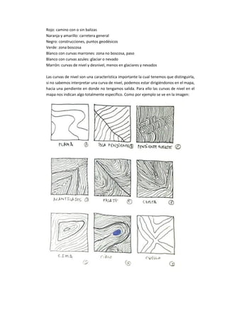 Rojo: camino con o sin balizas
Naranja y amarillo: carretera general
Negro: construcciones, puntos geodésicos
Verde: zona boscosa
Blanco con curvas marrones: zona no boscosa, paso
Blanco con curvas azules: glaciar o nevado
Marrón: curvas de nivel y desnivel, menos en glaciares y nevados
Las curvas de nivel son una característica importante la cual tenemos que distinguirla,
si no sabemos interpretar una curva de nivel, podemos estar dirigiéndonos en el mapa,
hacia una pendiente en donde no tengamos salida. Para ello las curvas de nivel en el
mapa nos indican algo totalmente específico. Como por ejemplo se ve en la imagen:

 