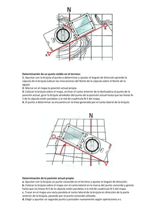 Determinación de un punto visible en el terreno:
1. Apuntar con la brújula el punto a determinar y ajustar el ángulo de dirección girando la
cápsula de la brújula (ubicar las marcaciones del Norte de la cápsula sobre el Norte de la
aguja).
2. Marcar en el mapa la posición actual propia.
3. Colocar la brújula sobre el mapa, arrimar el canto anterior de la deslizadora al punto de la
posición actual, girar la brújula alrededor del punto de la posición actual hasta que las líneas NS de la cápsula estén paralelas a la red de cuadrícula N-S del mapa.
4. El punto a determinar se encuentra en la línea generada por el canto lateral de la brújula.

Determinación de la posición actual propia:
a. Apuntar con la brújula un punto conocido en el terreno y ajustar el ángulo de dirección.
b. Colocar la brújula sobre el mapa con el canto lateral en la marca del punto conocido y girarla
hasta que las líneas N-S de la cápsula estén paralelas a la red de cuadrícula N-S del mapa.
c. Trazar en el mapa una recta paralela al canto lateral de la brújula en dirección de la parte
anterior de la brújula, pasando por el punto conocido utilizado.
d. Elegir y apuntar un segundo punto y proceder nuevamente según operaciones a-c.

 