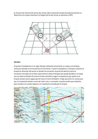 e. El punto de intersección de las dos rectas indica la posición propia buscada (la posición se
determina con mayor exactitud si el ángulo de las dos rectas se aproxima a 90º).

Ejemplo:
Si quisiera trasladarme en un lugar del país utilizando únicamente un mapa y una brújula,
como por ejemplo si me encontrara en Corrientes. Y quiero trasladarme a Yanayacu colocara la
brújula en dirección del punto en donde me encuentro al punto de destino (como se
encuentra marcado con la línea roja) mientras alineo la brújula que quede paralela a mi mapa
con las líneas verticales N-S (como la línea amarilla) y seguir la trayectoria que ajuste en la
brújula siempre que la aguja apunte hacia el norte verdadero. Tengo que tener en cuenta que
por mi trayectoria existen curvas de nivel y ríos, si no puedo cruzarlos tendré que rodearlos
pero siempre en cuando regrese a mi trayectoria marcada por la brújula.

 